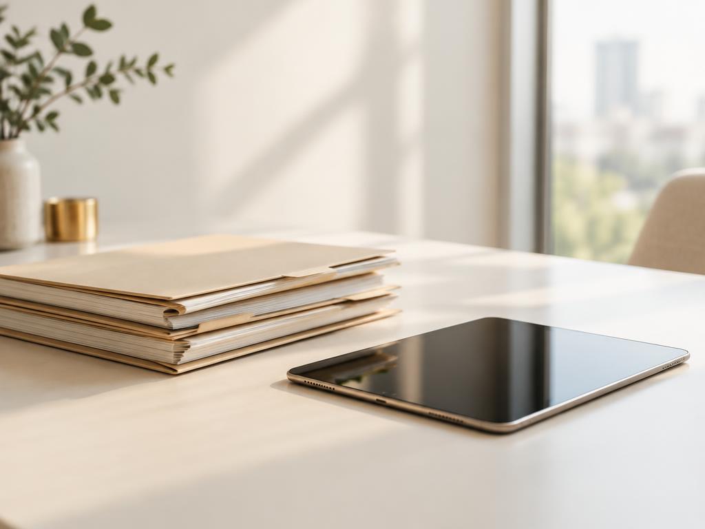 Pilha de pastas de processos ao lado de tablet desligado em mesa de escritório