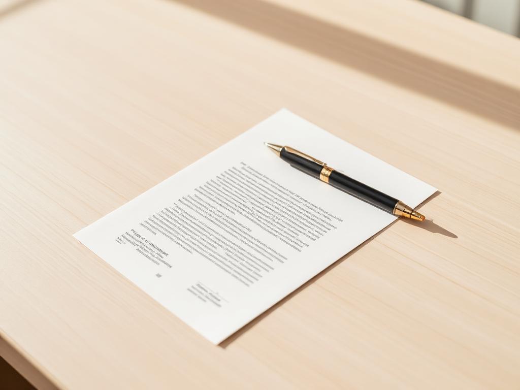 Contrato impresso sobre mesa de madeira com caneta ao lado