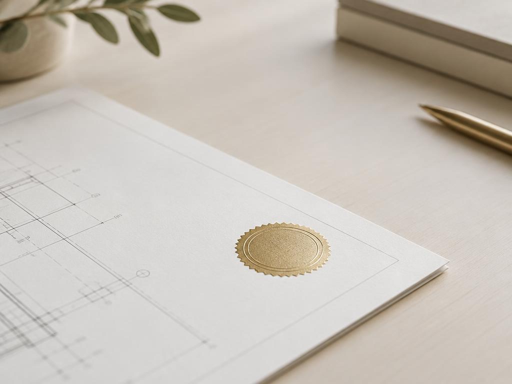Selo de certificação dourado gravado em documento técnico sobre mesa clara