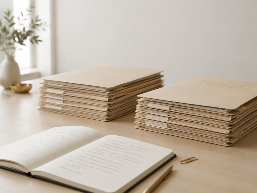 Pilhas de pastas de processos ao lado de um caderno aberto com anotações em mesa de madeira clara