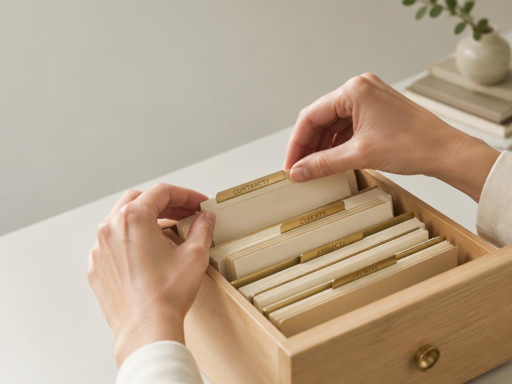 Mãos organizando fichas de contratos em um arquivo de madeira com divisórias douradas