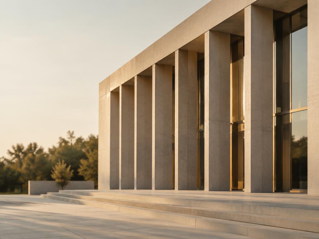 Fachada de prédio institucional modernista em concreto sob luz do fim de tarde