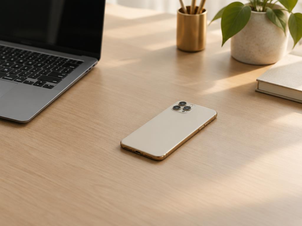 Celular pessoal virado para baixo sobre mesa de escritório ao lado de notebook corporativo