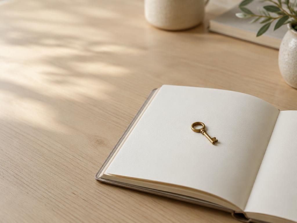 Chave de latão sobre caderno aberto em mesa de madeira clara